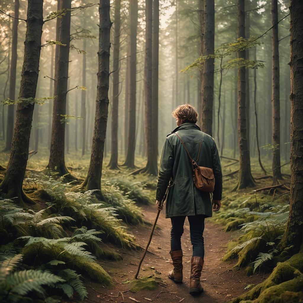 Askeladden på en sti i skogen. AI-generert